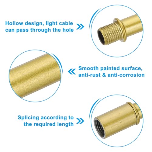 Image of PATIKIL Straight Pipe Lamp Stems Rod Kit, 6 Set M10 Carbon Steel 60mm(2.36 inch) Long Double End Thread Rod with Coupling Nuts Sleeve Connector for Table Lamps Chandeliers, Gold Tone