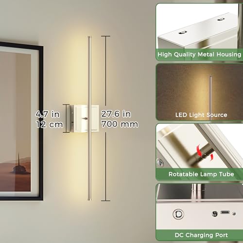 Image of DORESshop Battery Operated Wall Sconces Set of 2, Dimmable Battery Wall Sconce with Remote Control, Nickel 350Rotate Rechargeable Sconces, 28.1 Inch Wireless Wall Lights for Bedroom, Living Room