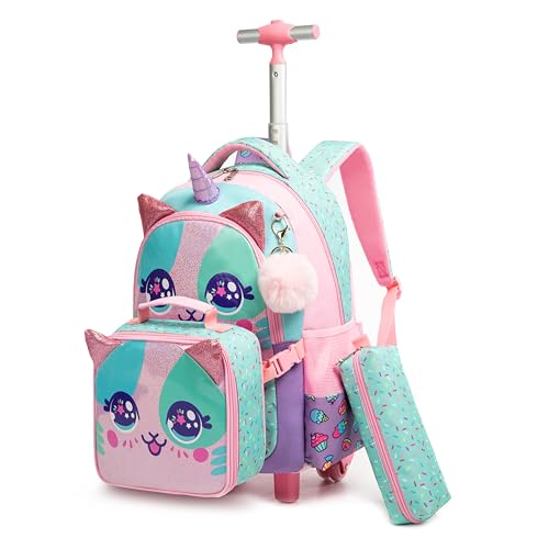Mochila de Rodinhas Infantis Cutblajat com Kit de Lancheira e Estojo, Design de Unicórnio em Rosa e Azul