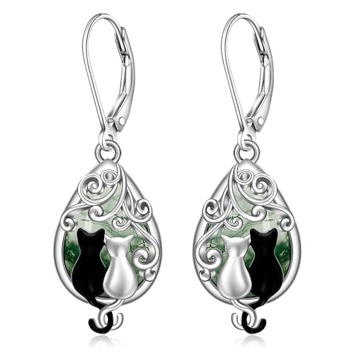 Cat Earrings Moss Agate Black Cat Earrings for Women Sterling Silver Filigree Cats Dangle Drop Earring Jewelry Leverback Gifts