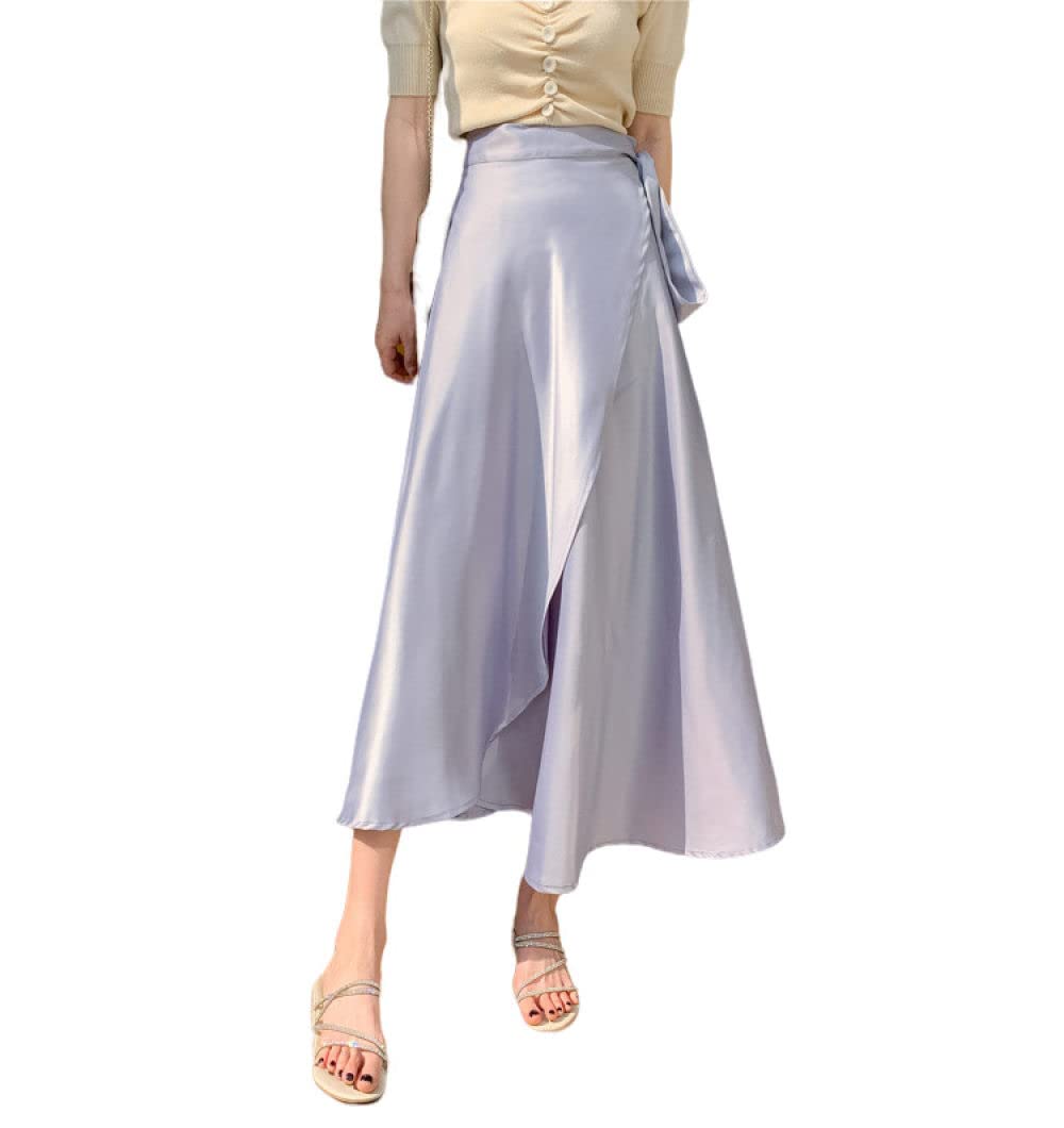 OZEO Rock Damen,Damen Flieder Satin Midiröcke Hohe Taille Schnürrock Überlappung Rüschen Wickelrock Sommer Schlitz Unregelmäßig A-Linie Swing Geraffte Elegante Lange Röcke Für Mädchen Damen,S