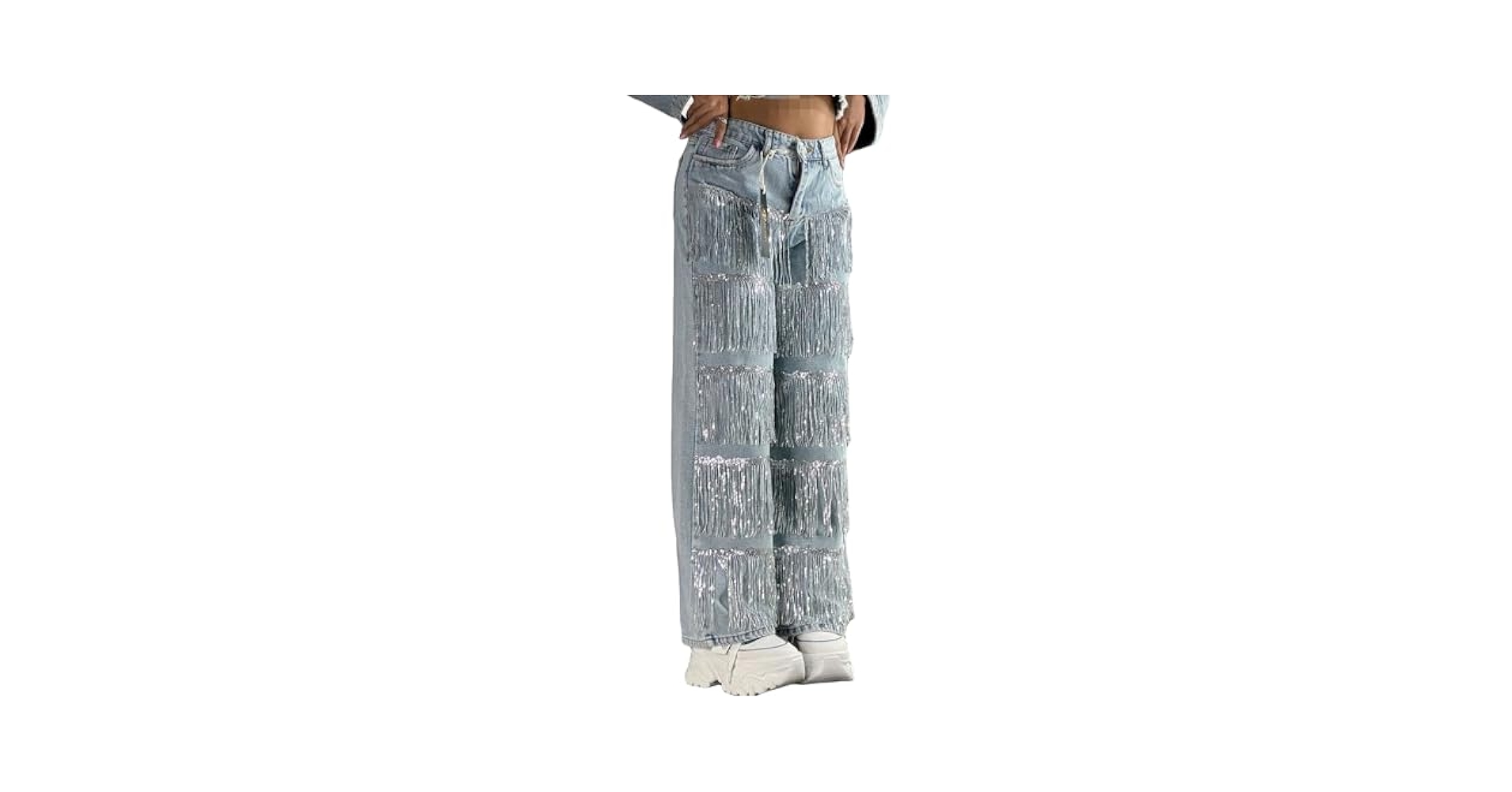 Kwunbwa Women's High Waisted Jeans Sequin Fringe Wide Leg