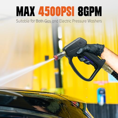 Image of Short Pressure Washer Gun, 4000 PIS Power Washer Gun Car Washing | Stubby High Pressure Washer Gun, M22-14mm, 3 /8 inch Male Plug, 1 /4 inch Quick Connect, 5 Spray Nozzle, Car Wash Gun for Foam Cannon