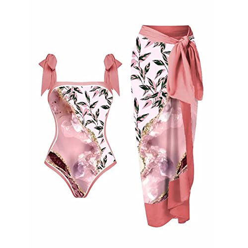 Traje de baño de una Pieza para Mujer con Falda Cruzada para Cubrir la Playa Conjunto de Bikini con Estampado Floral Pareo Retro Traje de baño de Dos Piezas Traje de baño para Mujer Trajes