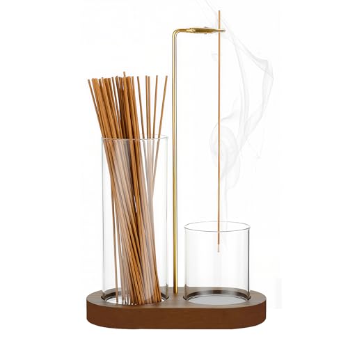 Räucherstäbchen Halter Umgedrehter Holz Basis Incense Holder Räuchergefäß mit Glas Aschefänger Abnehmbare Räucherstäbchen Halterung für Meditation Zen Yoga Spa Heimbüro-Dekoration (Braun)