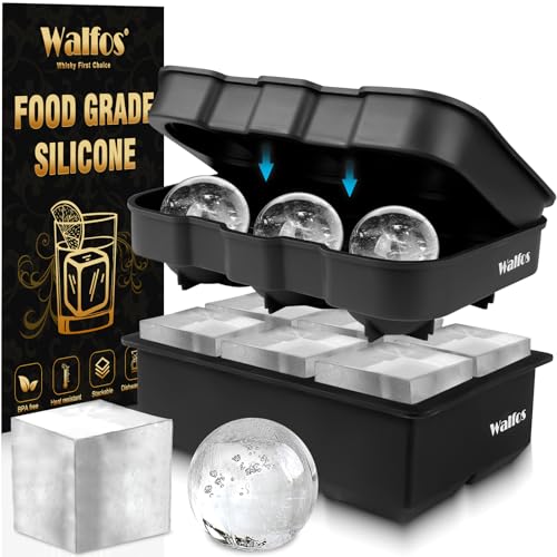 Walfos® Silikon-Eiswürfelbehälter-Set, Kugel-Eisball und großer quadratischer Eiswürfelbehälter, leicht herauszuspringen, perfekt für Whisky, Cocktails, Babynahrung, wiederverwendbar & BPA-frei