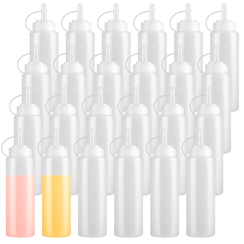 MAQUITA 24 Pcs Plastic Condiment Squeeze Bottles Squeeze Leak Proof Multipurpose Squirt Bottles with Twist Top Cap for Sauces Ketchup BBQ Syrup Dressings Paint Grilling Crafts Olive Oil Arts
