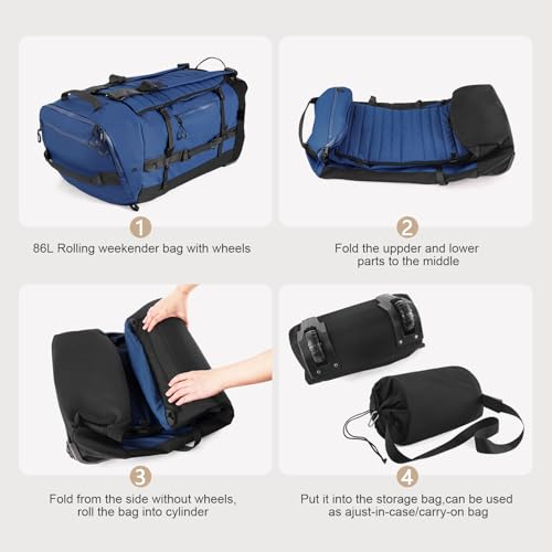 CONTAIL 86L Foldable Wheeled Duffel Backpack with Padded Quilted Bottom,Waterproof Travel Duffle Bag with Extended Handles,Navy4