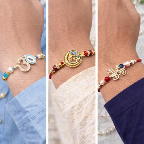 Image of Jaipur Ace Designer Kundan Rakhi with Lumba for Bhaiya Bhabhi | Premium Raksha Bandhan Thread for Brother & Sister-in-Law | Fancy Stone Work Bracelet with Tassel | Traditional Festival Gift (SET OF 3)