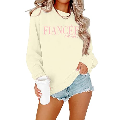 EGELEXY Fiancee Era Sweatshirts Women Bride Shirts Engaged Bachelorette Outfits Long Sleeve Pullover Tops Beige