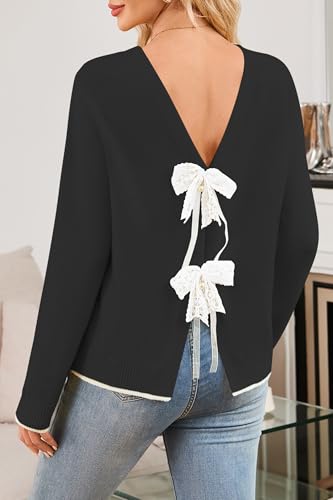 Image of Cakulo Womens Bow Tie Sweater V Neck Cardigan Sweaters Lightweight Fall Fashion Knit Cardigans Winter Clothes 2025 Black S