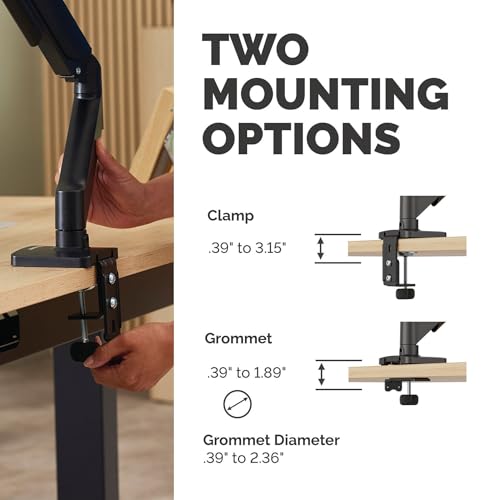 Image of Fellowes Everyday Plus Single Gas Spring Monitor Arm Supports up to 32 inch Screens Weighing 4.4-19.84 lbs, Height Adjusting, Tilt, Swivel, Rotate, VESA 75 /100, Clamp or Grommet Mount, Cable Management