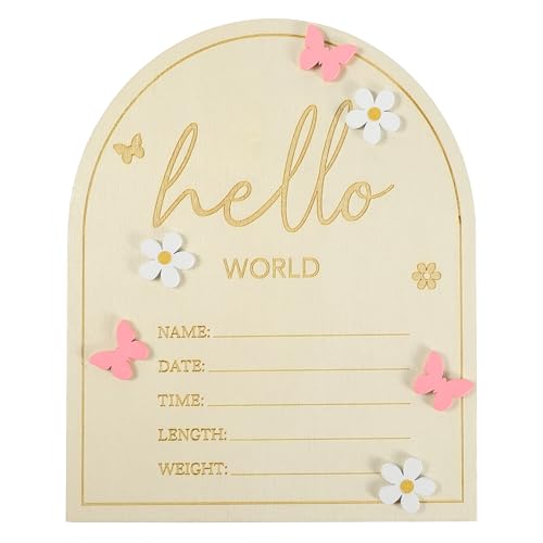 Image of Hello World Newborn Sign - Wooden Birth Announcement Sign,Pink Butterfly Newborn Birth Announcement Board,White Flower Hospital Birth Stats Sign,Newborns Nursery Decorations