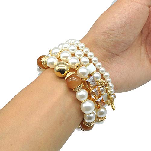 Pearl Charm Bracelet Set - 4 Sets Stackable Bracelets for Women, Multi Layer Beaded Statement Stretch Lovely Charm Bangles Tree of Life, Starfish3