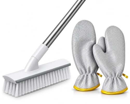 Image of 2 Set of White Bathroom Cleaning Brush with Wiper and (Aluminium Dishwashing Hand Glove), Cleaning Brush with Long Handle, Floor & Tiles Cleaner Brush, Bathroom Cleaning Accessories