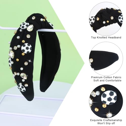 YARIEW Soccer Headband for Women Wide Knotted Jeweled Headband for Women Girls Top Knot Headband for Women Soccer Accessories Game Day Sports Fan Mom Halloween Christmas Gifts (Black)