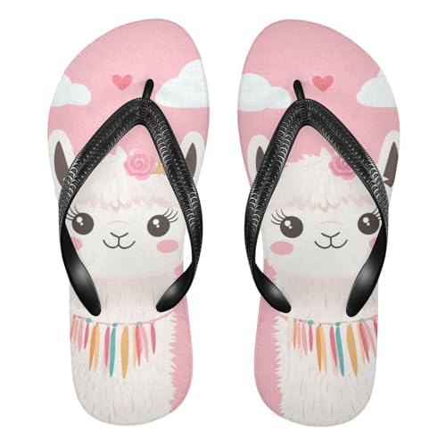 Sinestour Llama Cactus Heart Pink Flip Flops for Beach Thong Sandals Anti-slip Lightweight Beach Slippers for Summer Swim Travel