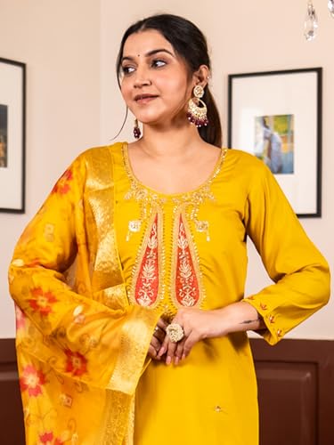 Image of VredeVogel Women's Beads Embroidered Silk Blend Kurta Pant Set with Organza Dupatta | Perfect for Festive & Casual Ethnic Kurta Set for Women