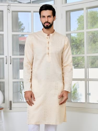 Image of See Designs Men's Full Sleeve Mandarin Collar Floral Embroidered Mandarin Collar Thread Work Straight Long Kurta - Festive Collection