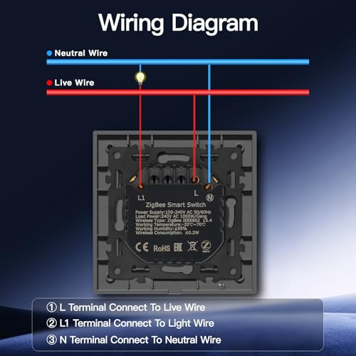 BSEED Smart Zigbee Schalter mit Steckklemme, Smart Lichtschalter Funktioniert mit Alexa & Google Home, Timing-Funktion, PC Rahmen, Zigbee Hub & Neutralleiter Erforderlich, 1 Fach 1 Weg, Grau