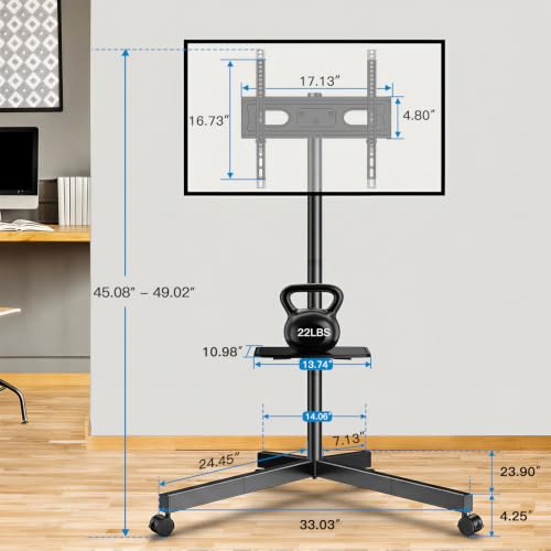 Image of PERLESMITH Rolling TV Stand for 26-65 Inch TVs up to 88 lbs, Mobile Outdoor TV Stand with Shelf & Large Base, Tilt TV Stand with Wheels, Portable TV Cart for Bedroom, Max VESA 400x400mm, PSTVMC06B-B