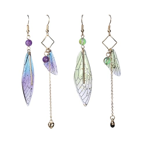 Ailes de Libellule Boucles d'oreilles pendantes asymétriques, forme crochet et papillon (Violet, Bleu-Vert)