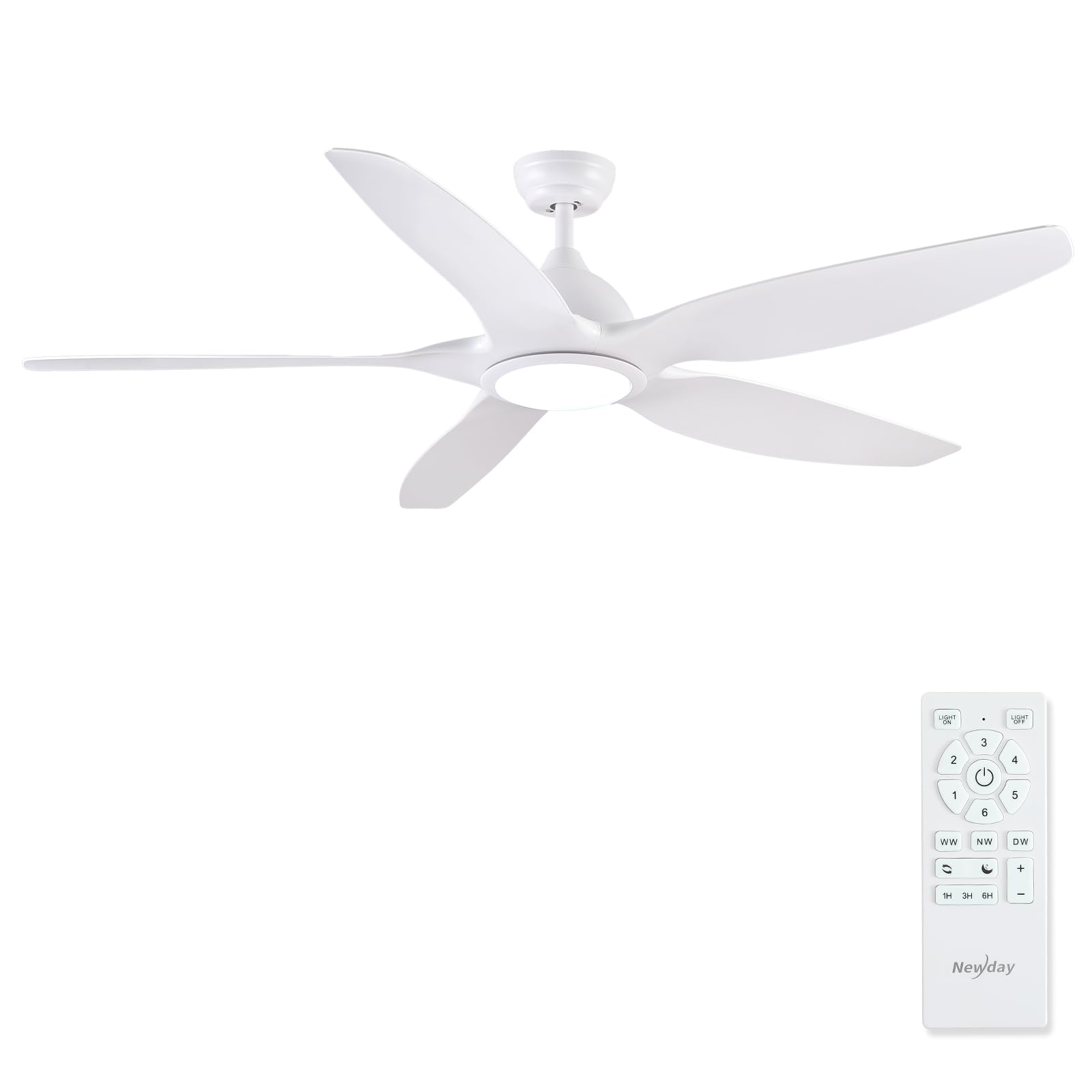 Newday 153 cm Large White Ceiling Fan with Light and Remote Control, LED Dimmer, Reversible DC Motor for Summer and Winter Use, 5 Silent Blades for Bedroom Living Room Balcony