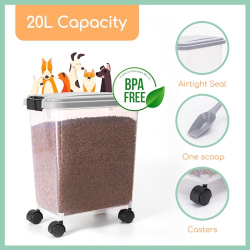 Nobleza - Futterbehälter für Haustiere, 20 L, für Haustiere, Lebensmittelbox mit Rädern, Klappdeckel, Luftdicht, Transparent, Rollen und Schaufel, für Hunde und Katzen, Grau