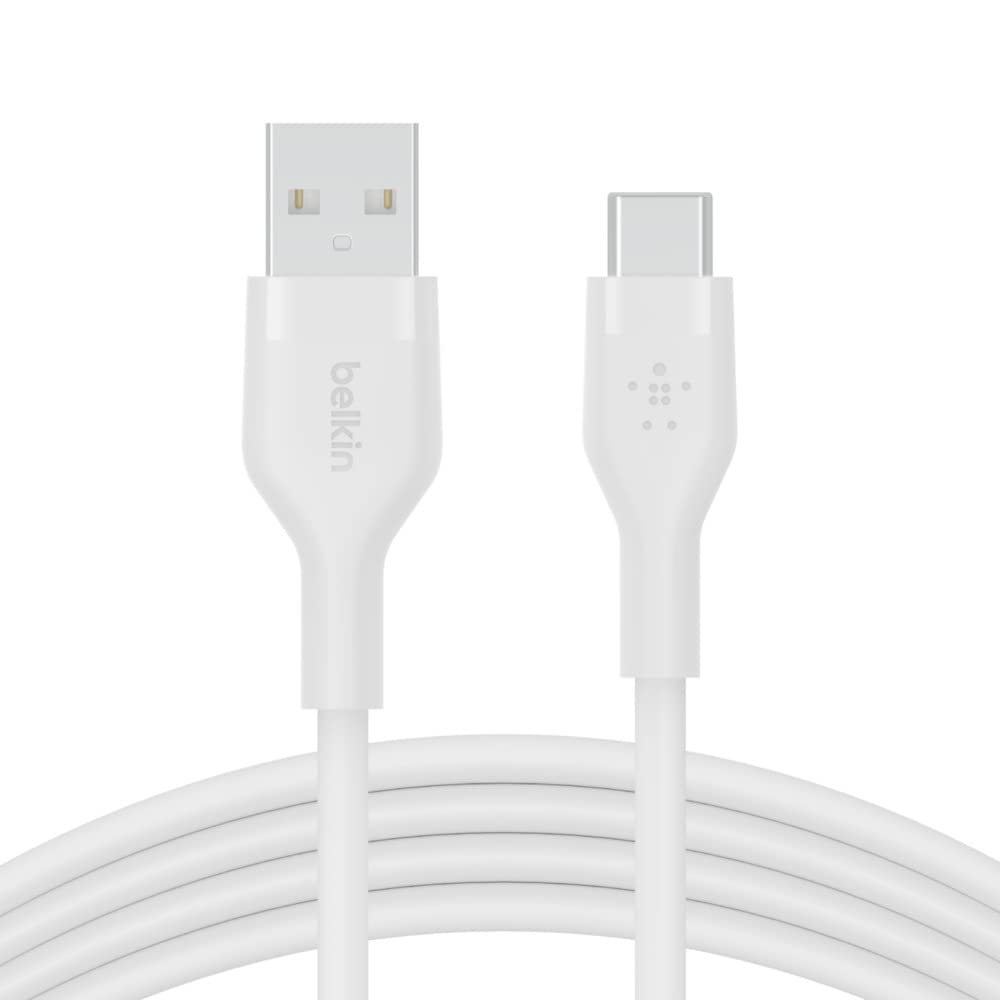Belkin BoostCharge Flex Silicone USB-C - USB-A Kablosu (2 m), iPad Pro, Galaxy S21, Ultra, Plus, Note 20, Pixel ve Diğer Aygıtlar için USB-IF Onaylı USB-C Şarj Kablosu - Beyaz