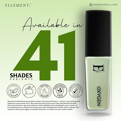 Image of Ellement Co Oxygen Nail Paint 10 ML | Pastel Green Nail Colour with Glossy Finish | Long Lasting & Chip Resistant Formula | Smooth Professional Application | Vegan, Non-Toxic & Paraben Free Nail Polish for Fresh, Minimal & Summer Styling