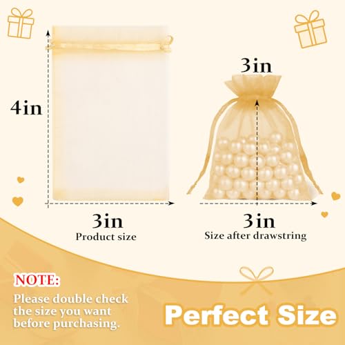 Image of Crweety 50 Pcs 3x4 Inch Gold Organza Bags, Small Mesh Gift Bags Drawtring for Wedding Favor Bridal Shower Party Favor, Luxury Jewelry Pouches for Graduation Gifts & Candy Treat Sachet Gift Wrap