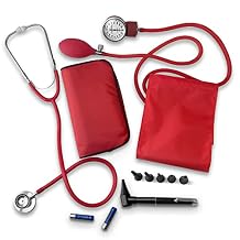 ASA TECHMED Nurse Essentials Starter Kit with Handheld Travel Case | 3 Part Kit Includes Adult Aneroid Sphygmomanometer Blood Pressure Monitor, Stethoscope, Mini Diagnostic Otoscope Red
