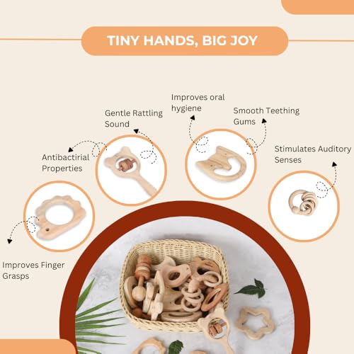 Image of Babbles Neem Wood Teethers for Babies | Wooden Teethers for 6 to 12 Months Baby | Natural and Antibacteria (Cat+Hedgehog+Micky Head+Ring)