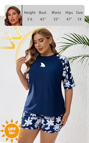 Womens Two Piece Plus Size Short Sleeve Rash Guard Sets Modest Swim Shirts Top and Shorts UPF50+ Swimsuit2