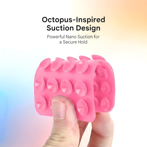 Image of HUMBLE Double Sided Silicone Suction Phone Sticker Grip, Sticky Phone Mount, Hands-Free Mobile Holder, Reusable Anti-Slip Stand for Mirror, Glass, Tile, All Smartphones for Selfies & Videos (Pink)