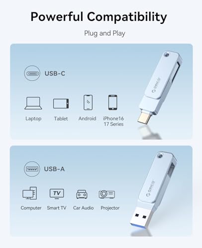 Image of ORICO USB-Cand USB-A Flash Drive 150MB /S Metal Housing Swivel Design Support OTG Function 2 in 1 PenDrive 128GB for USB C and USB A Devices -EB05 BL