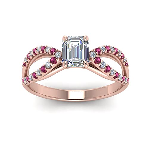 Image of 55Carat Choose Your Gemstone Reverse Pave Split Shank Diamond CZ Ring Rose Gold Plated Emerald Shape Split Shank Engagement Ring Minimal Modern Design Birthday Gift Wedding Gift US Size 4 to 12