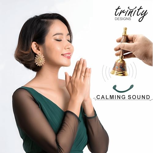 Image of Trinity Designs 7 Inch Brass Ghanti Pooja Bell - Indian Traditional Carving, Premium Feel - Meditation Bell for Home Temple - Brass Hand Bell for Puja Items
