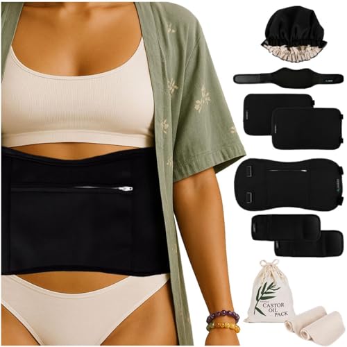 10-Piece Cotton Flannel Castor Oil Wrap Set, Ultra-Soft, Leak-Resistant & Reusable for Gentle Detox & Relaxation, Adjustable Fit for All Body Types, Added Bonus - Bonnet, Extra Pads & Storage Bag