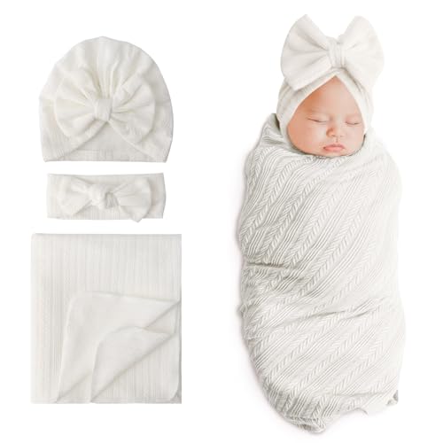 Image of DRESHOW BQUBO Newborn Receiving Blanket Toddler Warm for Girls with Bow Hat and Bow Headband Shower Gift