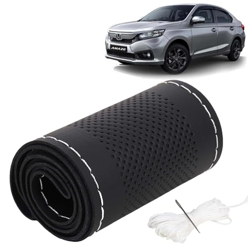 Image of KINGSWAY PU Leatherite Car Steering Cover Sewable Compatible with Honda Amaze (Year 2021-2022), Black Color with Silver Thread, Pack of 1 with Sewing Needle and Thread
