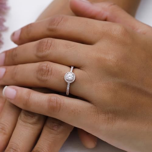 18K Gold Plated Halo Ring | Center 5MM Moissanite Diamond Ring for Women | Round Engagement Promise Rings for Her (0.70 Ctw) 6