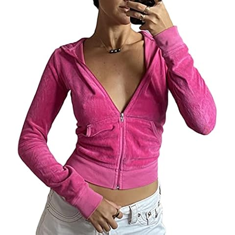 Multitrust Women Velvet Crop Zip Up Hoodie Jacket Long Sleveve Y2K Casual Fall Hoodies Sweatshirt with Pocket Winter Outfits (Solid Rose Red, S) Cover