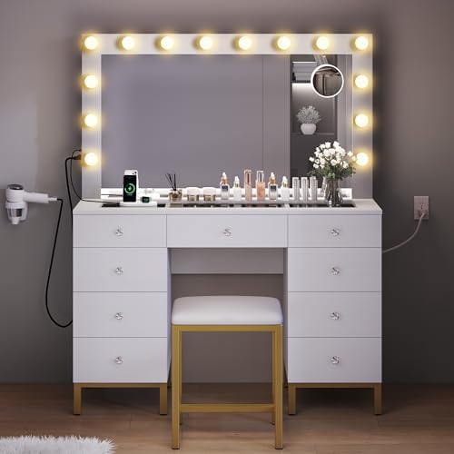 9-Drawer Vanity Desk With Large 36.9" Mirror & Hollywood Lights - Glass Top, LED Acrylic Drawers, Built-in Outlet