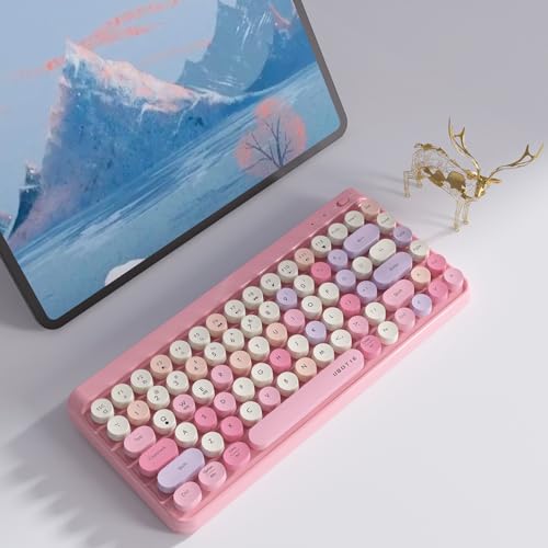 Image of UBOTIE Portable Bluetooth Colorful Computer Keyboards, Wireless Mini Compact Retro Typewriter Flexible 84Keys Design Keyboard (Pink-Colorful)