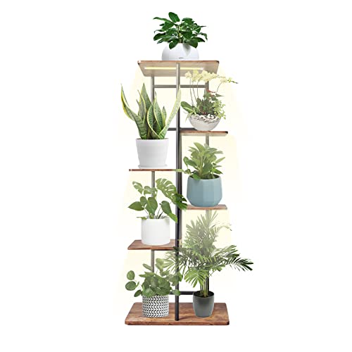 Solatmos Metal Plant Stand with Grow Lights Multiple Flower Planter Pot Holder Shelf Rack Display for Patio Garden Corner Balcony Living Room (6 Tier-7 Potted, Black wood with iron)