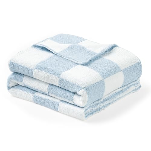 Image of CREVENT Warm and Soft Chenille Blanket for Girls and Boys, Essentials for Newborns, Reception Gift for Baby Softness - Blue Checked 75 x 100 cm