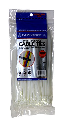 Cambridge Nylon 6/6 UL Listed Cable Ties 8-in 75 Lb Standard Duty Self Locking Natural Zip Ties, 100 Pack, Contractor Quality and Strength