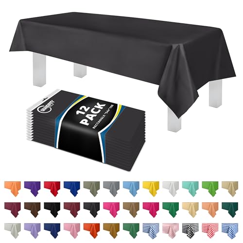 Image of Grandipity Plastic Table Cloth Disposable 12 Pack 54 inch x 108 inch Rectangle | Dark Grey Plastic table covers, durable disposable tablecloths, fade and tear-resistent table cover for party, event