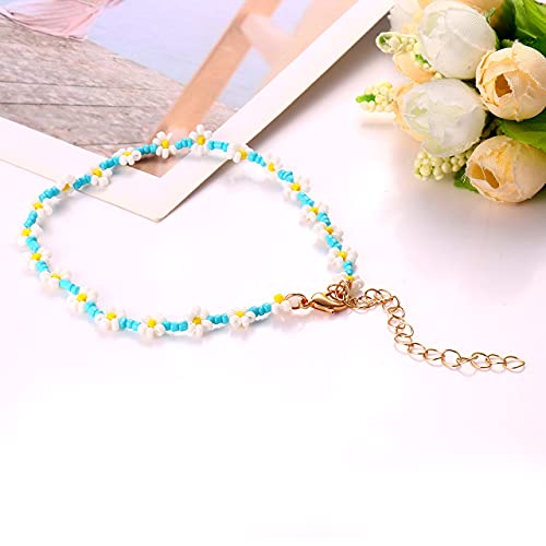 Image of Beaded Anklets for Women Boho Cute Daisy Flower Bead Ankle Bracelets Handmade Waterproof Surfer Anklet Summer Beach Foot Jewelry for Women